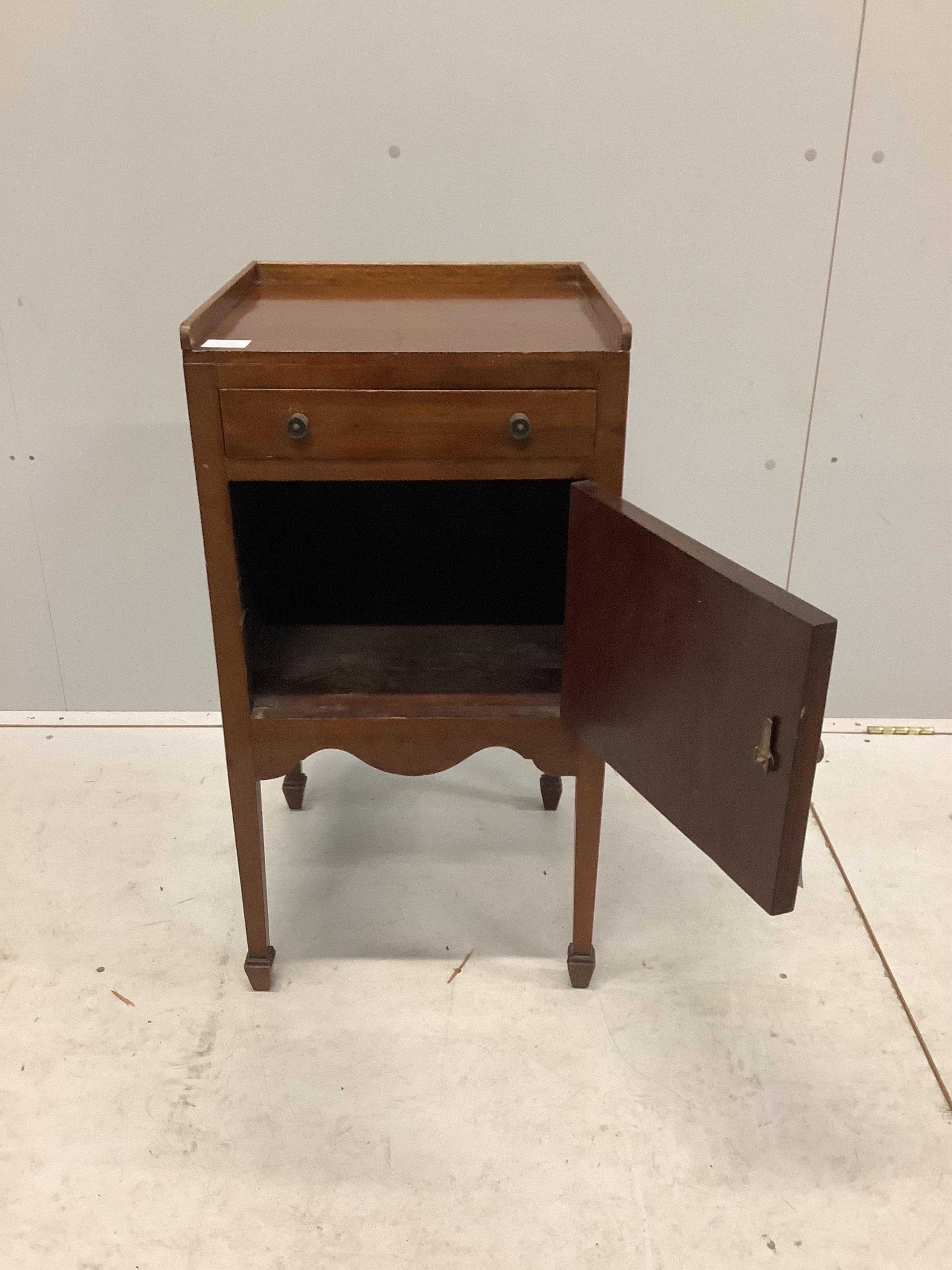 A pair of Edwardian mahogany bedside cabinets, width 41cm, depth 41cm, height 78cm. Condition - poor